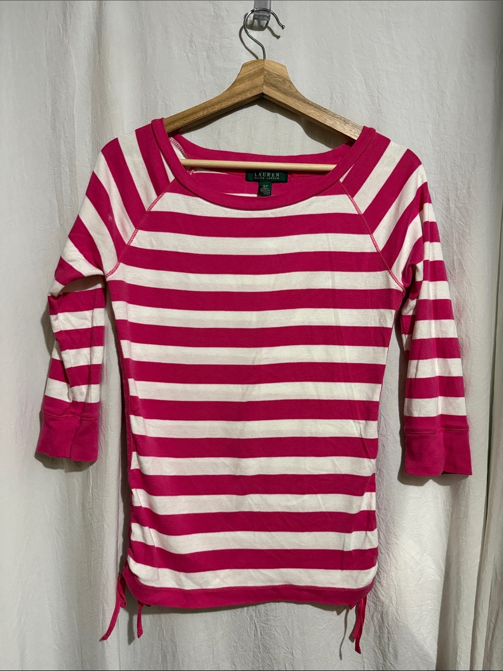 Lauren Ralph Lauren Fuchsia and White Striped Cotton Long-Sleeve Top